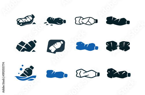 Used Water Bottle. Icon set. Set Logo of Used Water Bottle: discarded bottle symbol. harmonious logo variations of the same emblematic