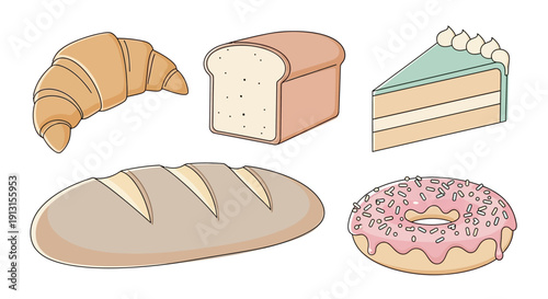 Illustration of various baked goods including croissant bread loaf and doughnut.
