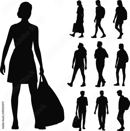 Black silhouettes of diverse people walking carrying shopping bags and wearing backpacks isolated on white background representing daily commute lifestyle travel and urban pedestrian activity