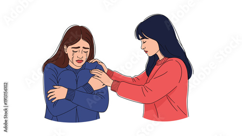 Kind young woman offering comfort and emotional support to her crying friend who is going through a difficult time.