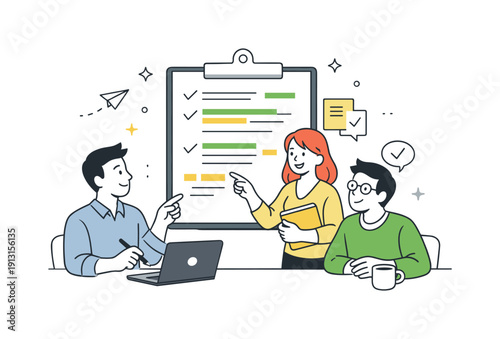 Conflict resolution in the workplace. Team members reviewing a shared document with highlighted agreements and notes. The scene reflects