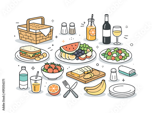Picnic food and accessories. Plates, drinks, fruits and cutlery arranged for a spring day outdoors. Fresh and relaxed atmosphere with modern