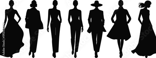 Vector illustration of fashion silhouette collection—symbols for stylish women, elegant clothing, modern outfits, runway modeling, design diversity, confidence, and artistic representation