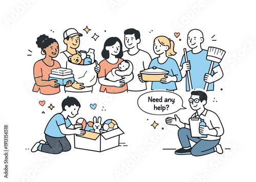 Helping someone with a new baby or adopting children. A friendly scene showing relatives or friends bringing supplies and offering help to