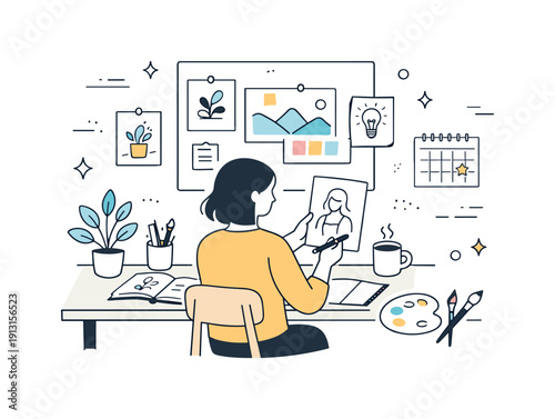 Designing a home art studio. An artist planning their creative corner at home, reviewing sketches and mood boards at a simple desk. The scene