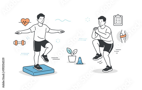 Athlete Balancing Exercises. Functional rehab exercises. Athlete balancing on a foam pad or performing controlled single-leg drills, focus on stability and