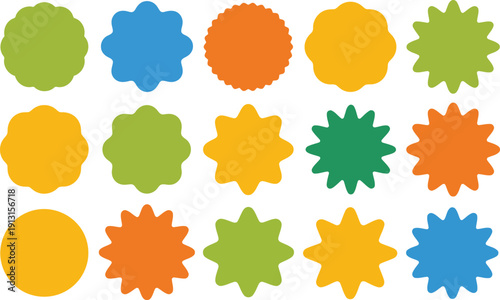 A collection of fifteen colorful blank badge shapes and stickers in various wavy designs