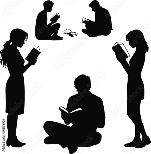 Collection of black silhouettes of people standing and sitting while reading books isolated on white background representing education literacy learning study and academic research