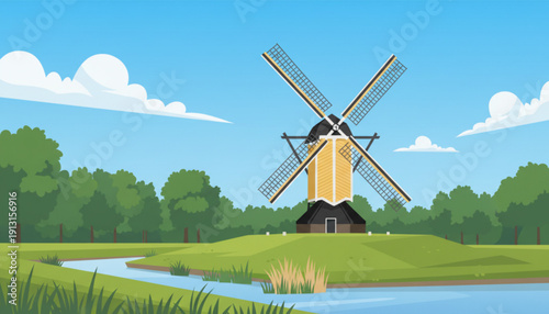 Traditional yellow windmill with rotating blades standing beside serene green landscape and winding river under blue sky