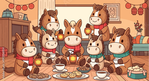 Seven adorable cartoon ponies enjoy a cozy festive gathering, sharing treats and warm drinks in a charming room with glowing lanterns, depicting heartwarming friendship