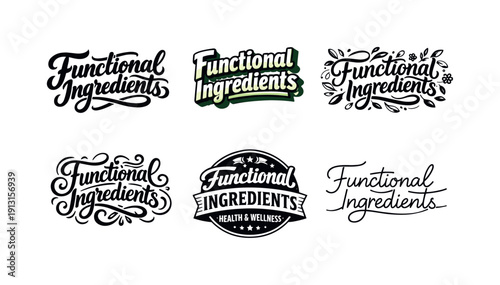 Functional ingredients. Set lettering. harmonious lettering variations of the same emblematic concept, each with different artistic