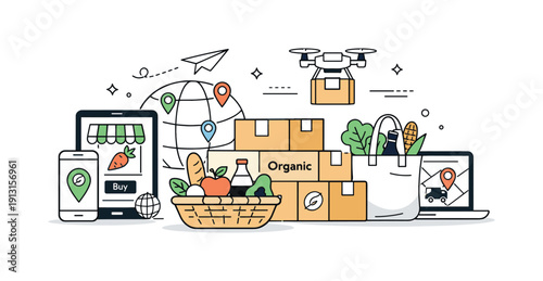 Future of organic markets. Digital devices, delivery boxes, and organic food items combined to show modern distribution and global reach.