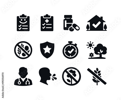 Allergy Management. Solid icon set of Allergy Management: symptom tracker, medical checklist, daily dose, safe environment, allergen free