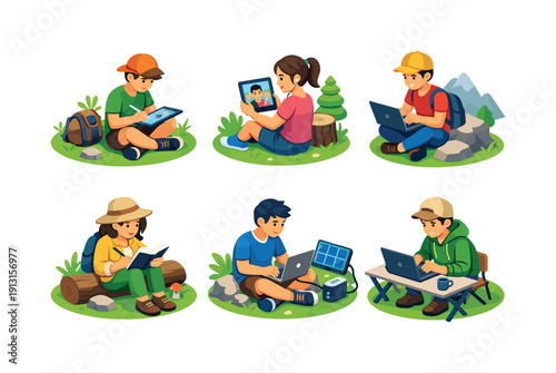 Nature freelance. Isometric flat vector icons set of nature freelance: person sketching on tablet outdoors, person video calling from nature,