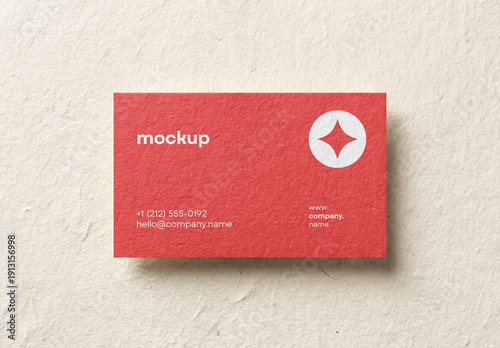 Minimalist Red Business Card Mockup On Textured Paper Background, Elegant Corporate Stationery Template