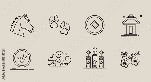 Collection of Chinese New Year icons including horse, paw prints, coin, temple, and firecrackers