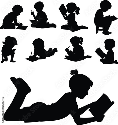 Set of black silhouettes of people and students reading books in different poses isolated on white background representing education literacy learning and academic study