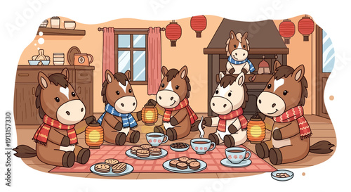 Charming illustration of horses celebrating Lunar New Year with lanterns and tea