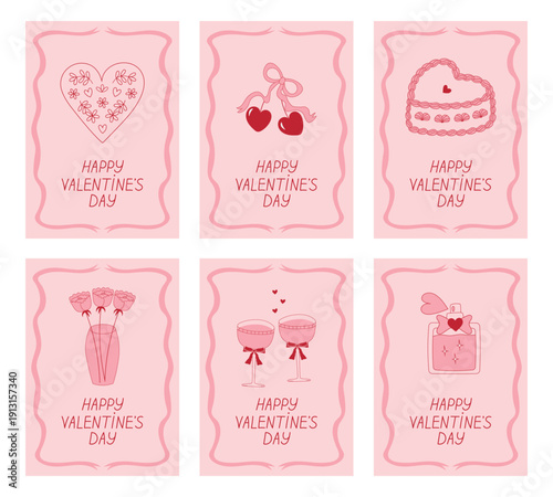 Happy Valentine's Day! Vector cards in line art style. Romantic frame with ribbon and hand-drawn illustrations.	