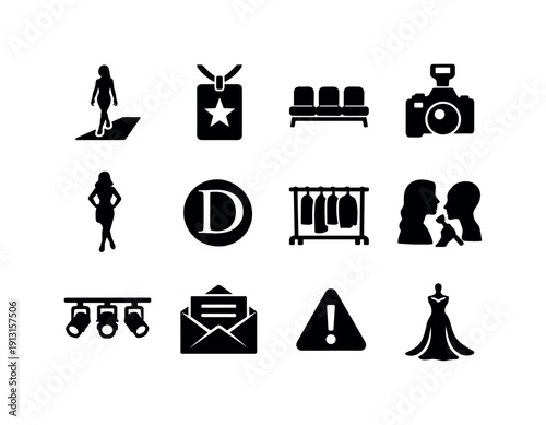 fashion week. Solid icon set of fashion week: runway walk, backstage pass, front row seat, fashion camera, model pose, designer logo,