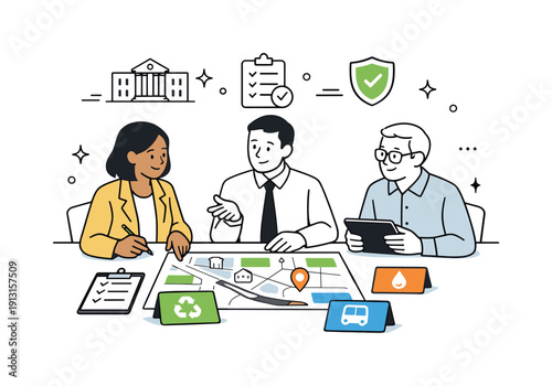 Modernizing municipal services. City officials discussing improvements at a table with maps and service cards, showing planning and