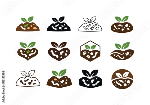 Soil fertility. Icon set. Set Logo of soil fertility: compost and microorganisms symbol. harmonious logo variations of the same emblematic