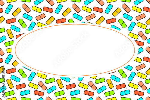 Piils seamless pattern frame. Colorful capcules pattern frame background. Piils medicine pattern frame vector. 