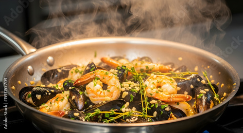 Cinematic Sizzling Seafood in Stainless Steel Pan seafood mix shrimp mussels calamari shellfish  stainless steel pan skillet
