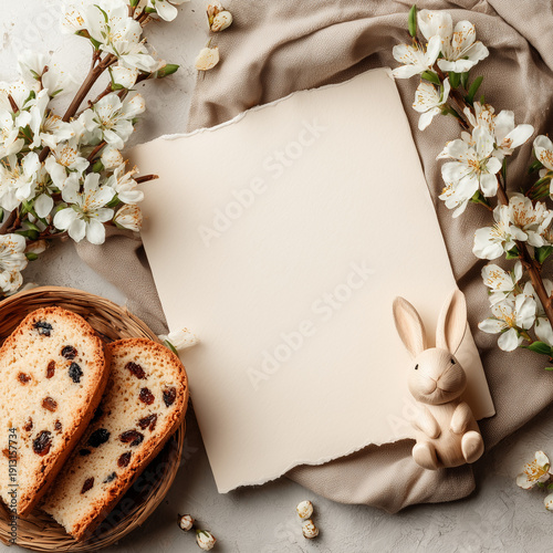 Easter flat lay with blank paper, blossoms, raisin cake and wooden bunny, soft neutral tones and copy space.