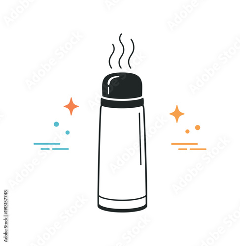Serene Thermos Illustration. Single thermal flask scene. A sleek minimal thermos standing upright with soft steam lines rising, abstract stars and motion dots