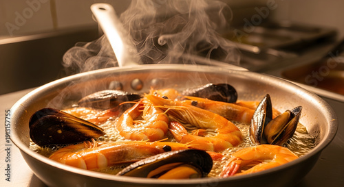 Cinematic Sizzling Seafood in Stainless Steel Pan seafood mix shrimp mussels calamari shellfish  stainless steel pan skillet
