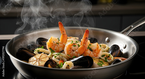 Cinematic Sizzling Seafood in Stainless Steel Pan seafood mix shrimp mussels calamari shellfish  stainless steel pan skillet

