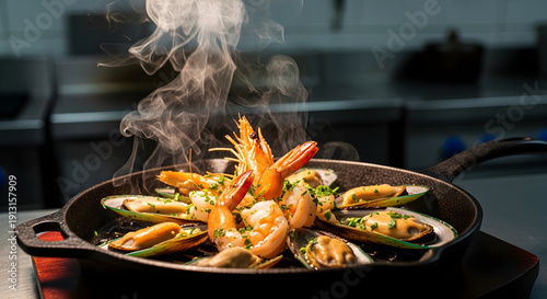 Cinematic Sizzling Seafood in Stainless Steel Pan seafood mix shrimp mussels calamari shellfish  stainless steel pan skillet
