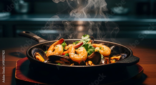 Cinematic Sizzling Seafood in Stainless Steel Pan seafood mix shrimp mussels calamari shellfish  stainless steel pan skillet
