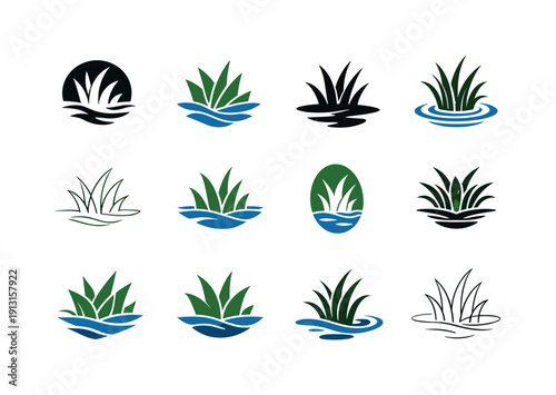Wetland Restoration Icons. Wetland restoration. Icon set. Set Logo of wetland restoration: wetland grasses. harmonious logo variations of the same emblematic