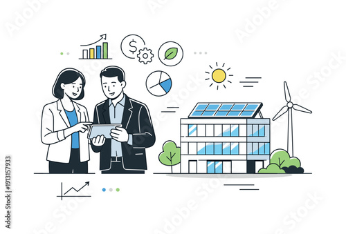 Renewable energy for companies. Business professionals reviewing energy savings on a tablet while a solar-powered building stands nearby,