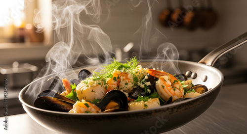 Cinematic Sizzling Seafood in Stainless Steel Pan seafood mix shrimp mussels calamari shellfish  stainless steel pan skillet

