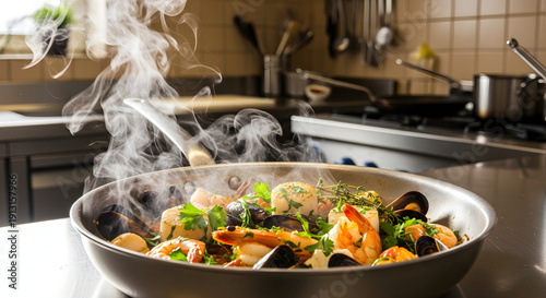 Cinematic Sizzling Seafood in Stainless Steel Pan seafood mix shrimp mussels calamari shellfish  stainless steel pan skillet
