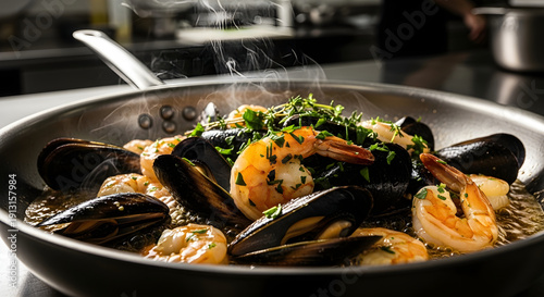 Cinematic Sizzling Seafood in Stainless Steel Pan seafood mix shrimp mussels calamari shellfish  stainless steel pan skillet

