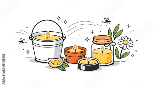 Summer garden candles. Citronella candles arranged with light abstract elements suggesting air and warmth. Relaxed evening mood, cozy and