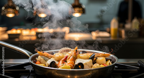Cinematic Sizzling Seafood in Stainless Steel Pan seafood mix shrimp mussels calamari shellfish  stainless steel pan skillet
