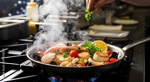 Cinematic Sizzling Seafood in Stainless Steel Pan seafood mix shrimp mussels calamari shellfish  stainless steel pan skillet
