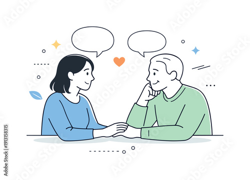 Family conflict resolution techniques. A quiet one-on-one conversation between two family members, with gentle gestures and attentive