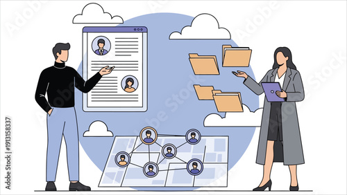 Flat vector illustration of HR managers discussing candidates for a job vacancy. Concept of recruitment, headhunting, and team candidate selection, isolated on white background.