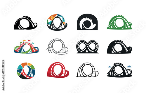Carnival Ride Logos. Carnival rides. Icon set. Set Logo of carnival rides: roller coaster loop. harmonious logo variations of the same emblematic concept, each