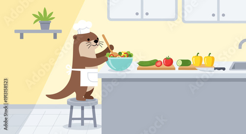 Cartoon otter chef preparing salad in kitchen with fresh vegetables