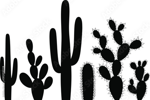 Vector illustration of cactus silhouette collection—symbols for desert plant, succulent design, arid environment, botanical diversity, nature icon, survival adaptation, and ecological representation