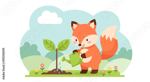 Cartoon fox watering small tree in sunny outdoor garden illustration
