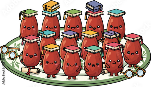 Chili pepper characters with graduation caps and books on a tray