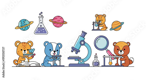 Cartoon bears exploring science with planets microscope and scientific equipment